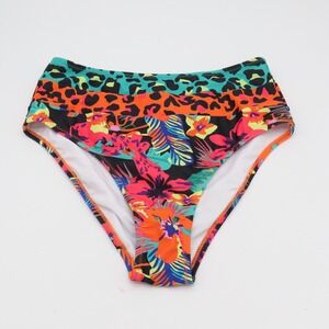 Hilinker Bikini Bottom Women M High Waisted Multicolor Tropical Leopard NEW